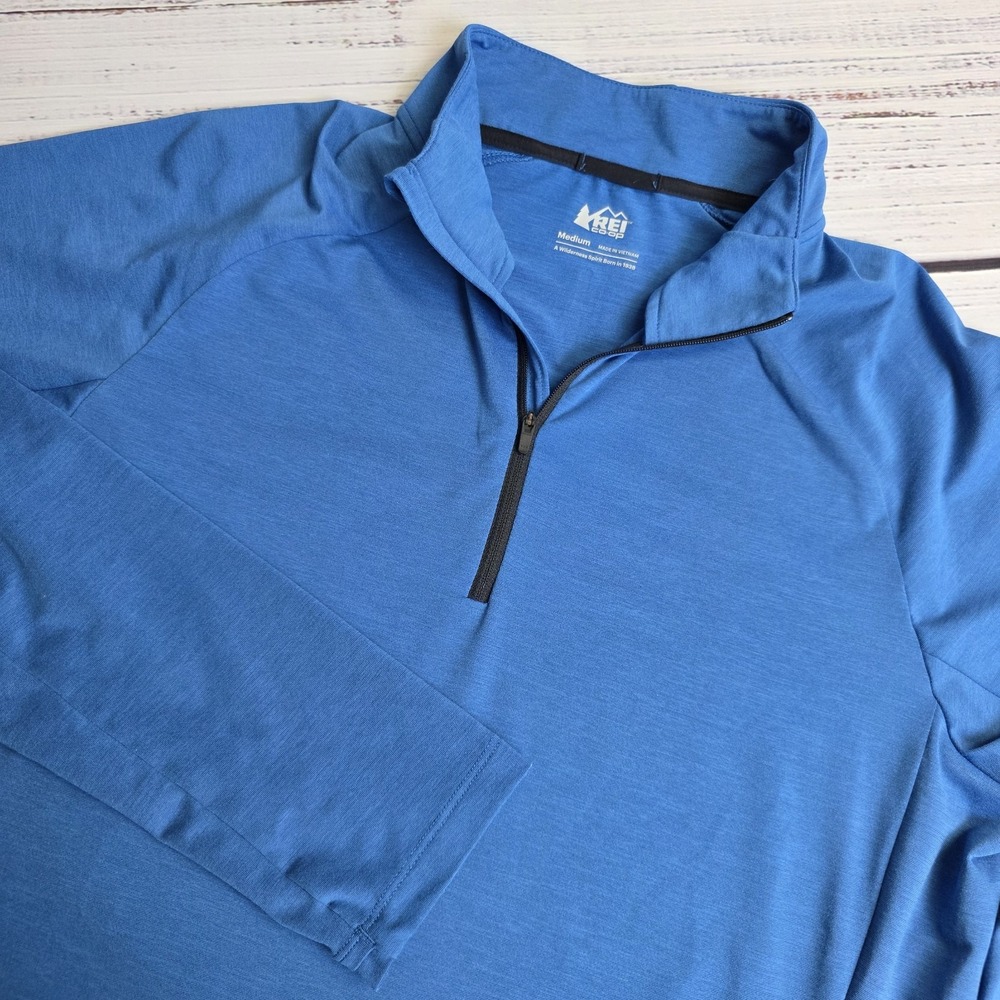 REI Active Pursuits 1/4 Zip Pullover Long Sleeve Mens Medium Stretch Pocket Blue